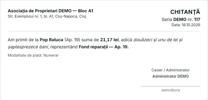 Chitanță cu seria asociației și suma în litere