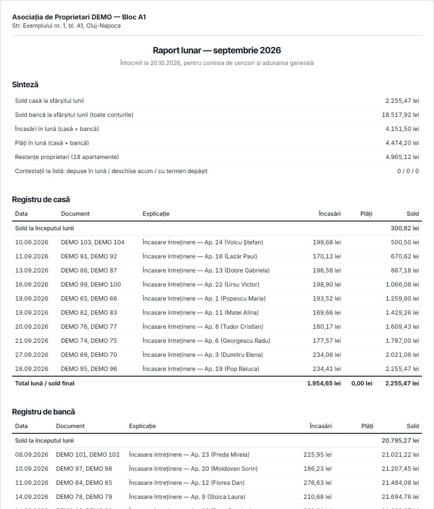 Raportul lunar pentru cenzori: sinteză, registrul de casă și de bancă